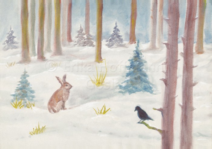 026_Winterwald, Hase und Vogel