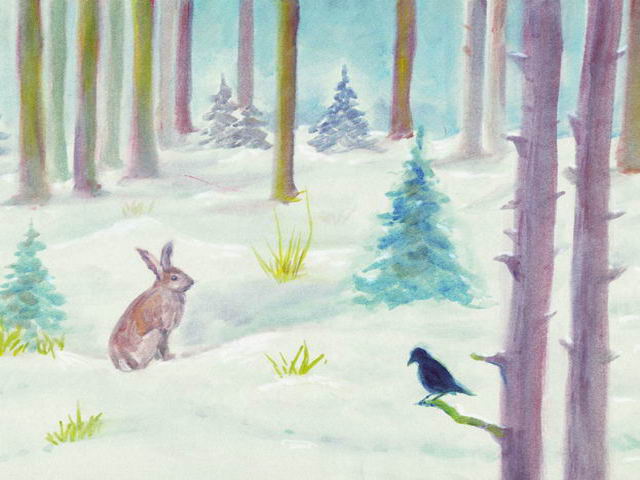 026: Winterwald, Hase und Vogel